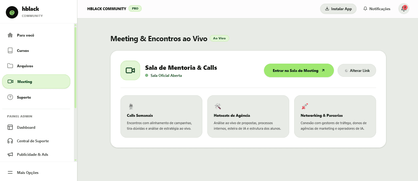 Área de Meeting e encontros ao vivo